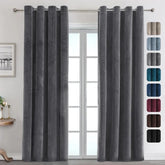 Gray curtains with color swatches on a white wall