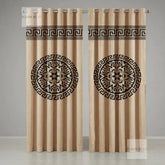 Pair of beige curtains with decorative black patterns on a gray background
