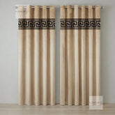 Pair of beige curtains with decorative band on a gray background