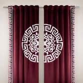 mehroon curtains with white decorative patterns on a plain background