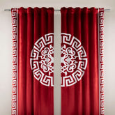 Red curtains with white decorative patterns on a gray background