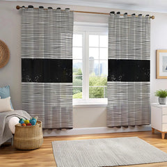 Black & White Wavy Line Curtains with Solid Black Band – Modern Velvet Curtains | INTERIORFITS