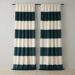 Teal & Cream Striped Curtains – Premium Velvet Curtains | INTERIORFITS