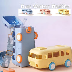 Bus-shaped water bottle with detachable lid and strap on a light purple background