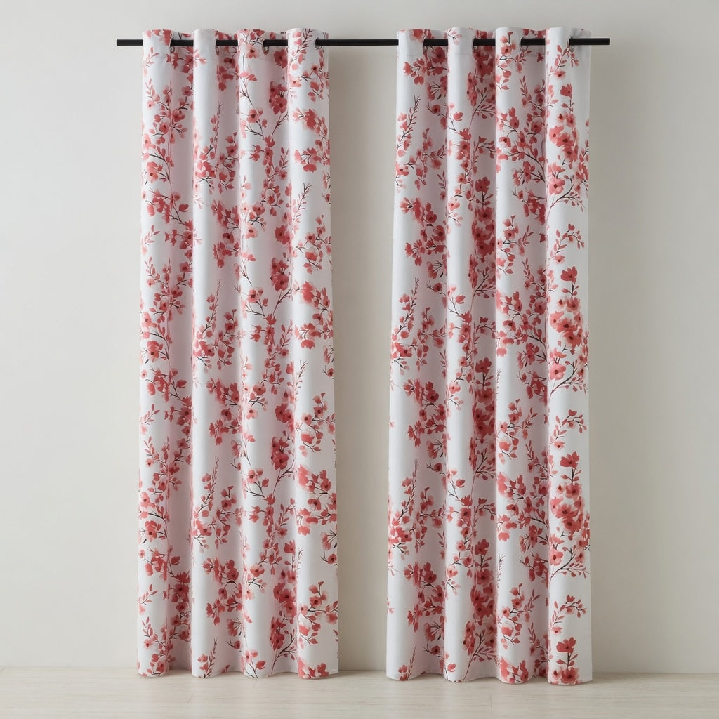 Floral patterned curtains on a plain background