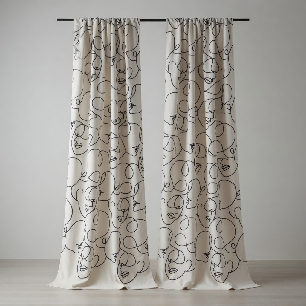 White Cream Abstract Face Line Curtains – Modern Velvet Curtains | INTERIORFITS