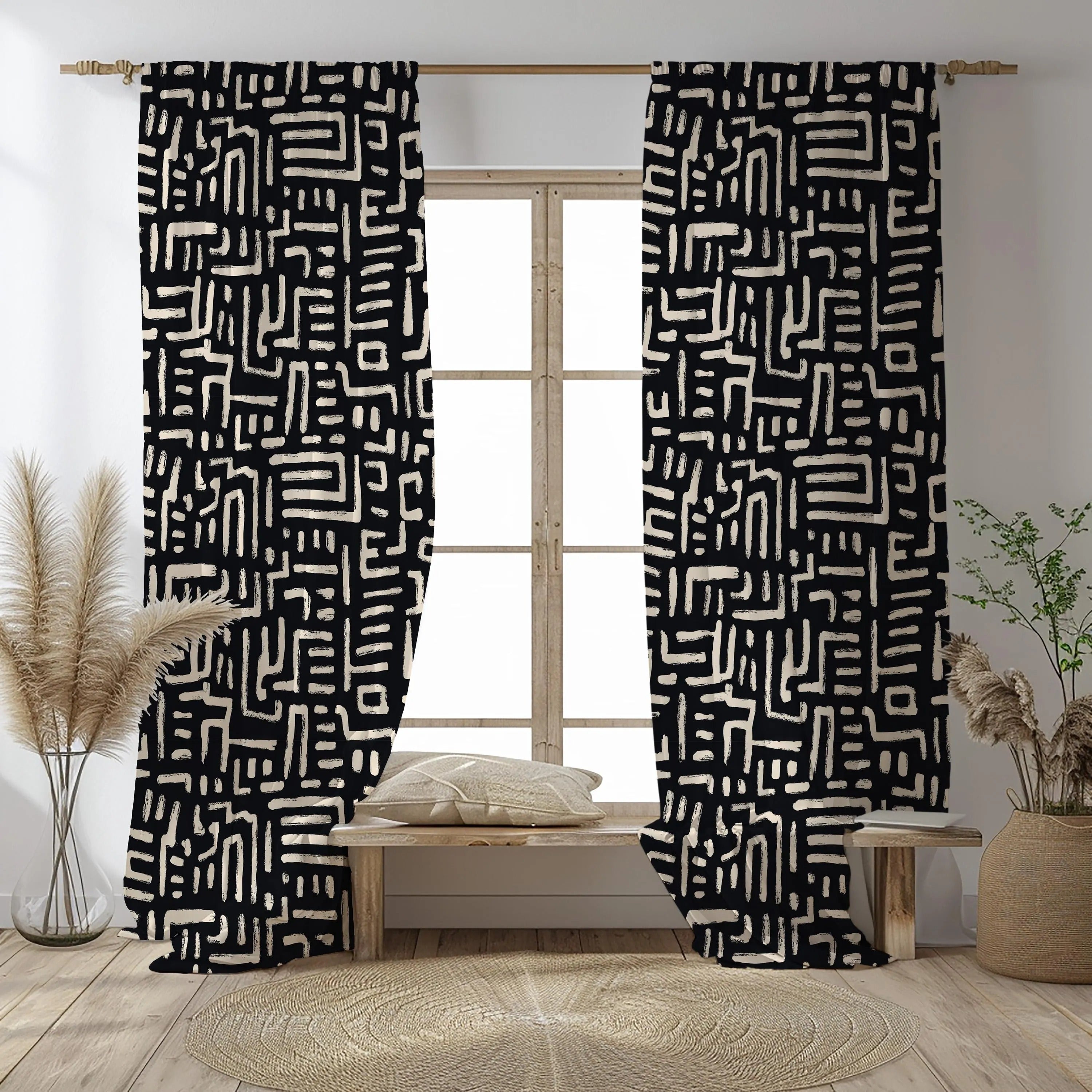 Black & White Geometric Tribal Curtains – Modern Velvet Curtains | INTERIORFITS
