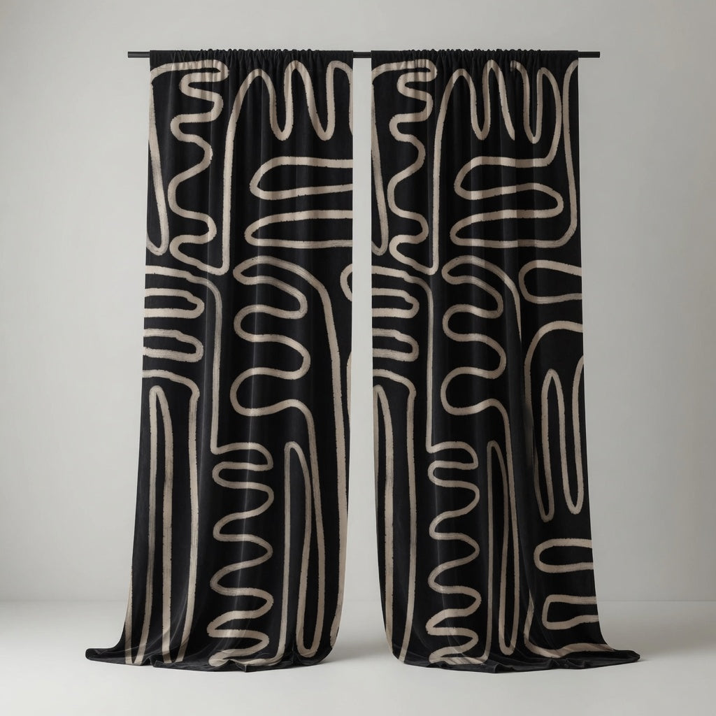 Black & White Squiggly Abstract Curtains – Modern Velvet Curtains | INTERIORFITS