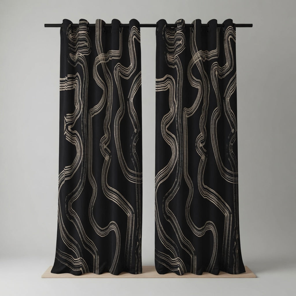 Black & Cream Wavy Abstract Curtains – Modern Velvet Curtains | INTERIORFITS