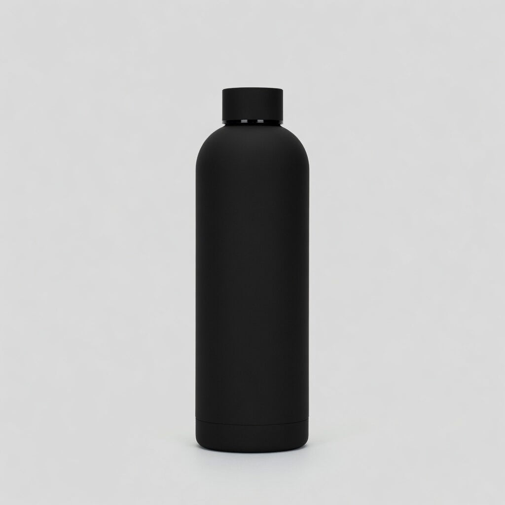 Black water bottle on a light gray background