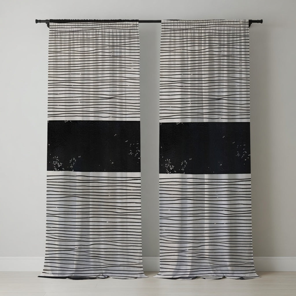 Black & White Wavy Line Curtains with Solid Black Band – Modern Velvet Curtains | INTERIORFITS