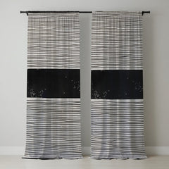 Black & White Wavy Line Curtains with Solid Black Band – Modern Velvet Curtains | INTERIORFITS