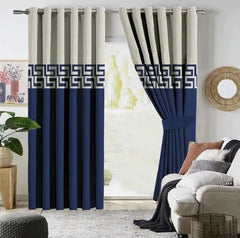 Luxury navy blue and white velvet room darkening panels with dual tone style