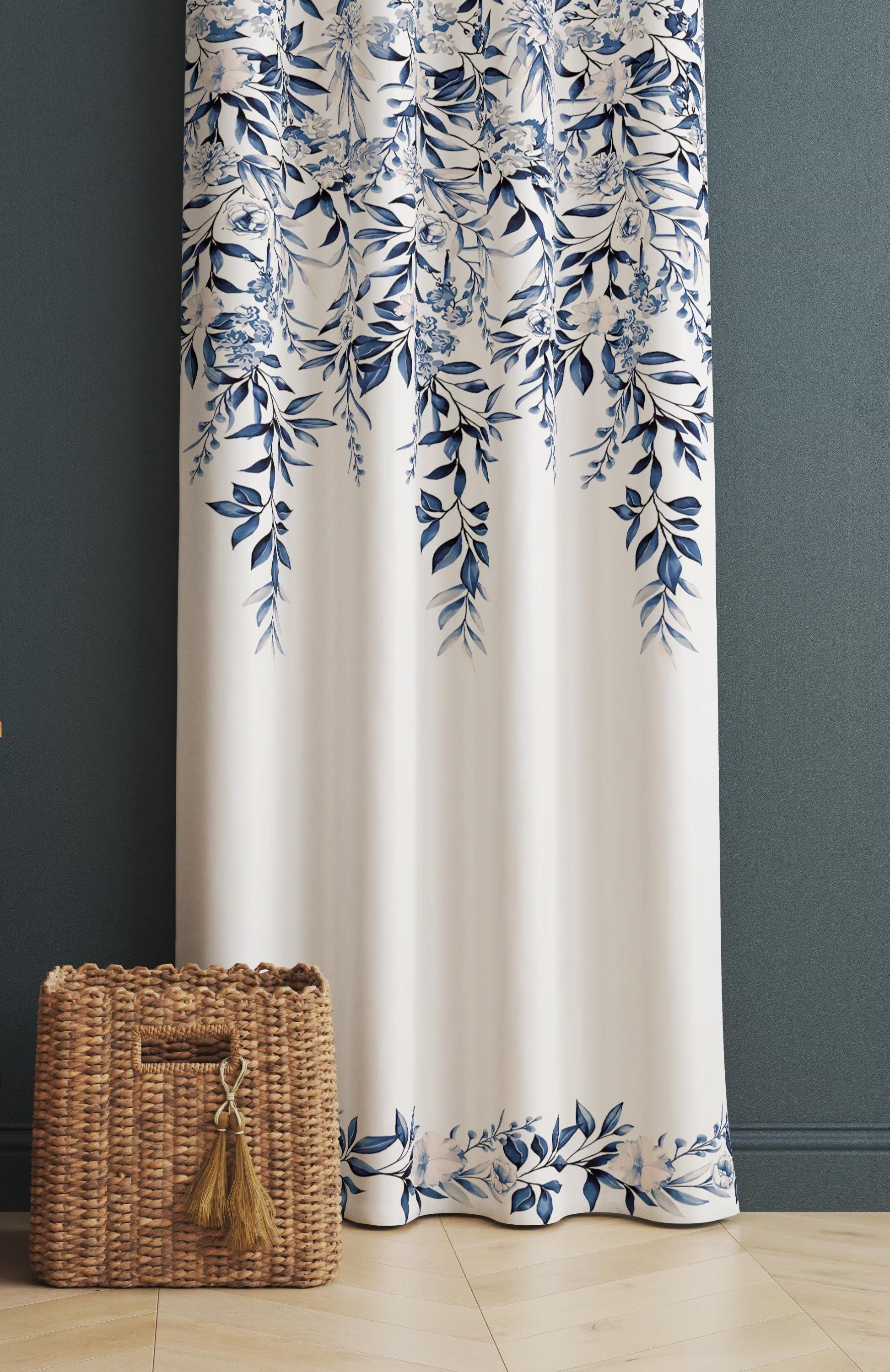 Blue & White Floral Hanging Vines Curtains – Premium Velvet Curtains | INTERIORFITS