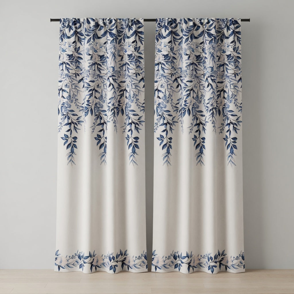 Pair of curtains with blue leaf pattern on a neutral background