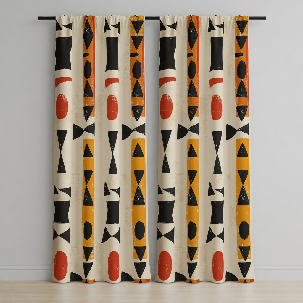 Cream Geometric Curtains with Black Orange Red Shapes – Modern Velvet Curtains | INTERIORFITS
