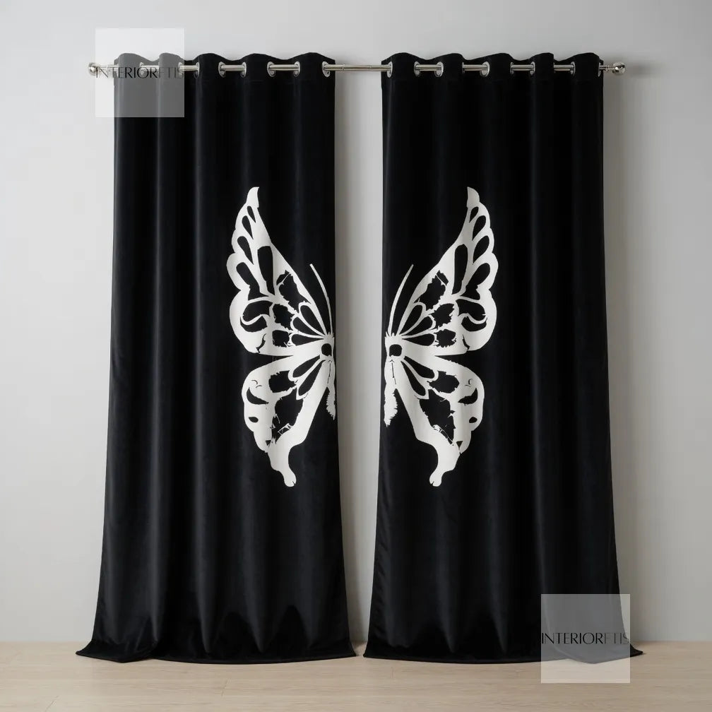 Black curtains with white butterfly designs on a gray background
