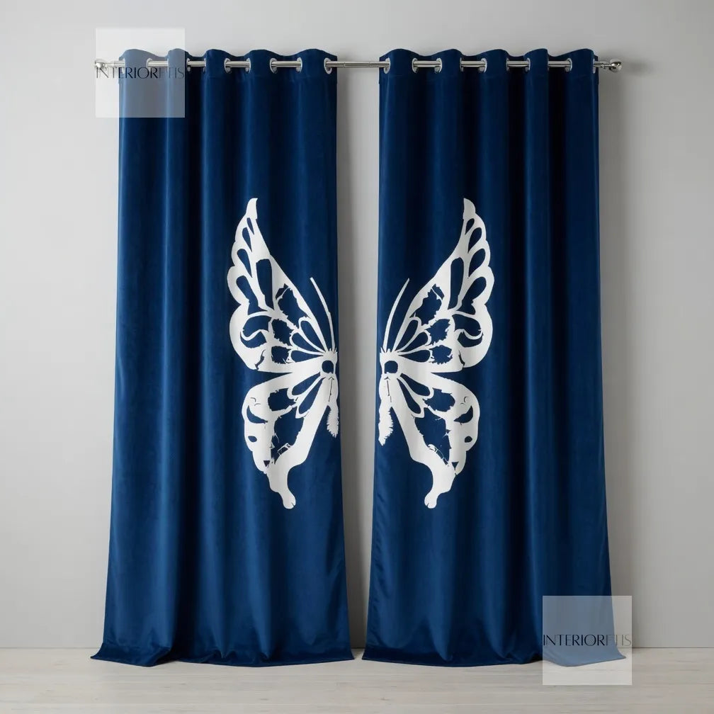Navy blue curtains with white butterfly designs on a gray background