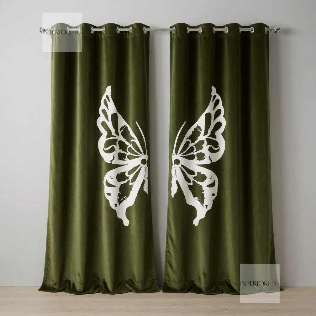 Brown curtains with white butterfly designs on a plain background