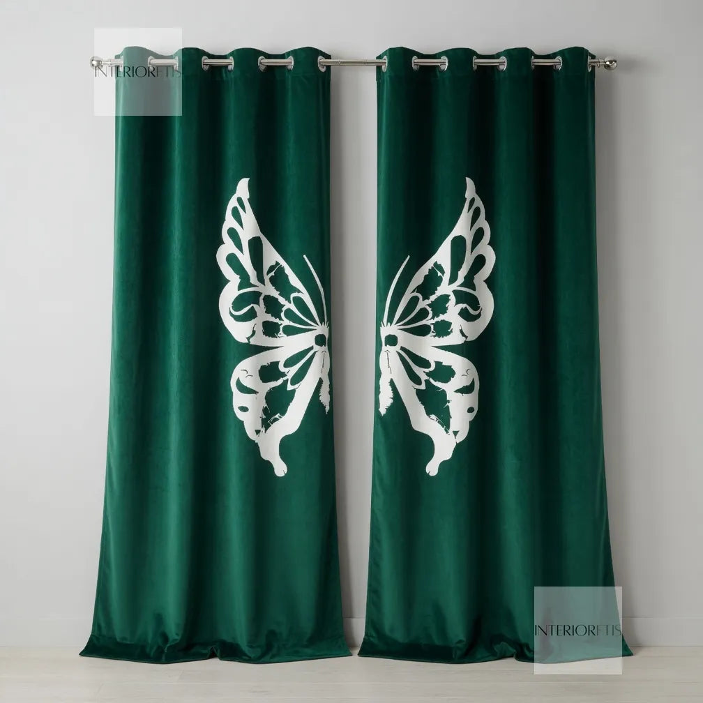 Green curtains with white butterfly designs on a gray background