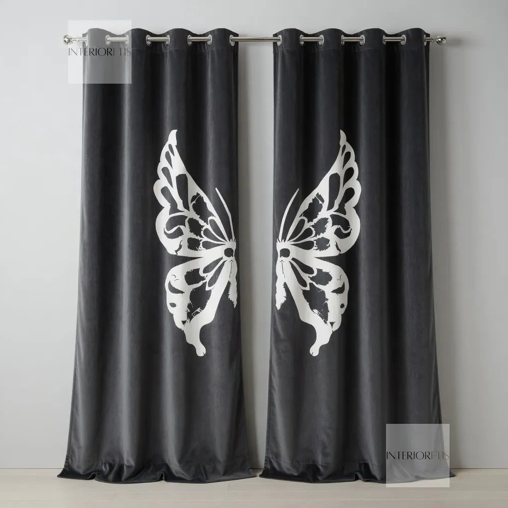 Black curtains with white butterfly designs on a gray background