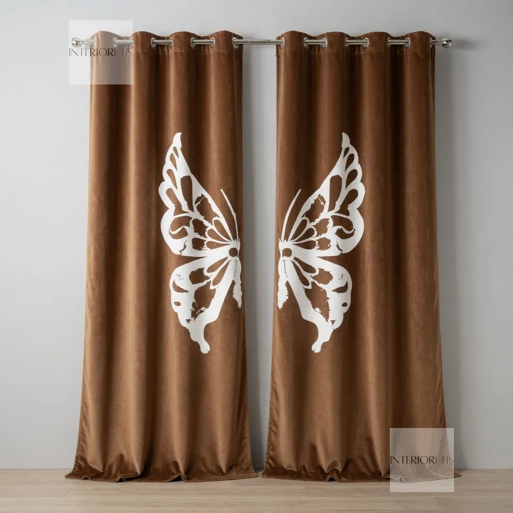 olive curtains with white butterfly designs on a plain background