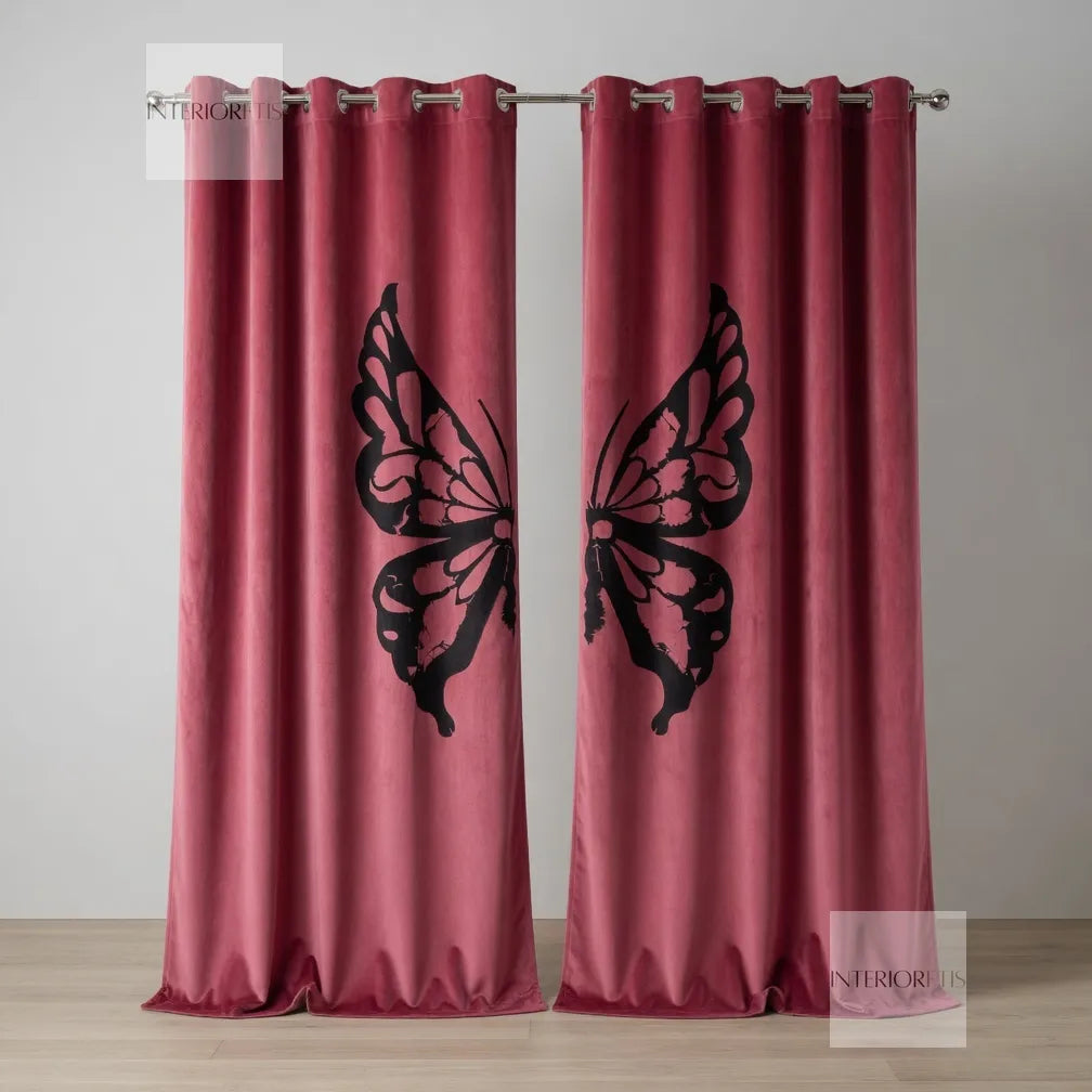 Pink curtains with black butterfly designs on a neutral background