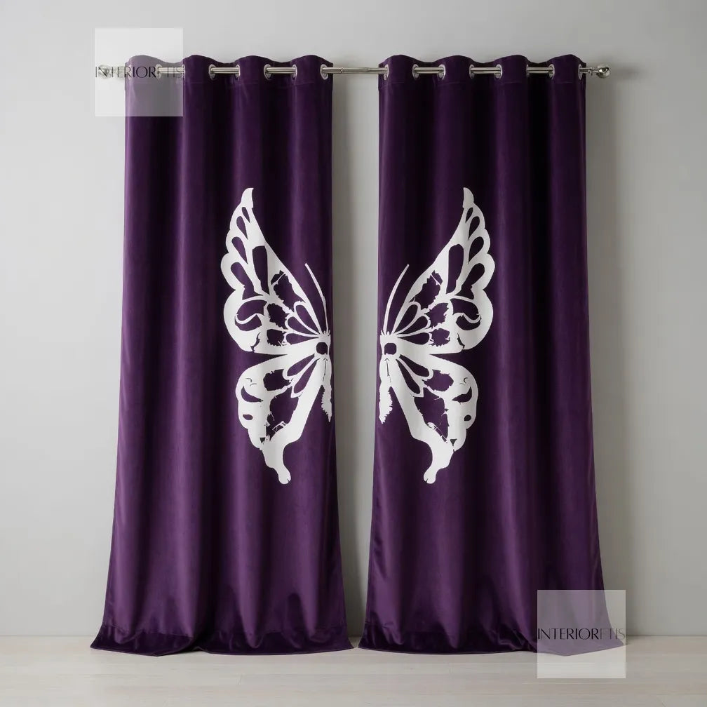 Purple curtains with white butterfly designs on a gray background