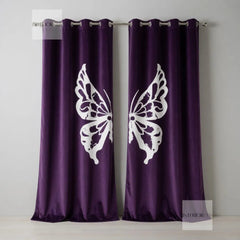 Purple curtains with white butterfly designs on a gray background