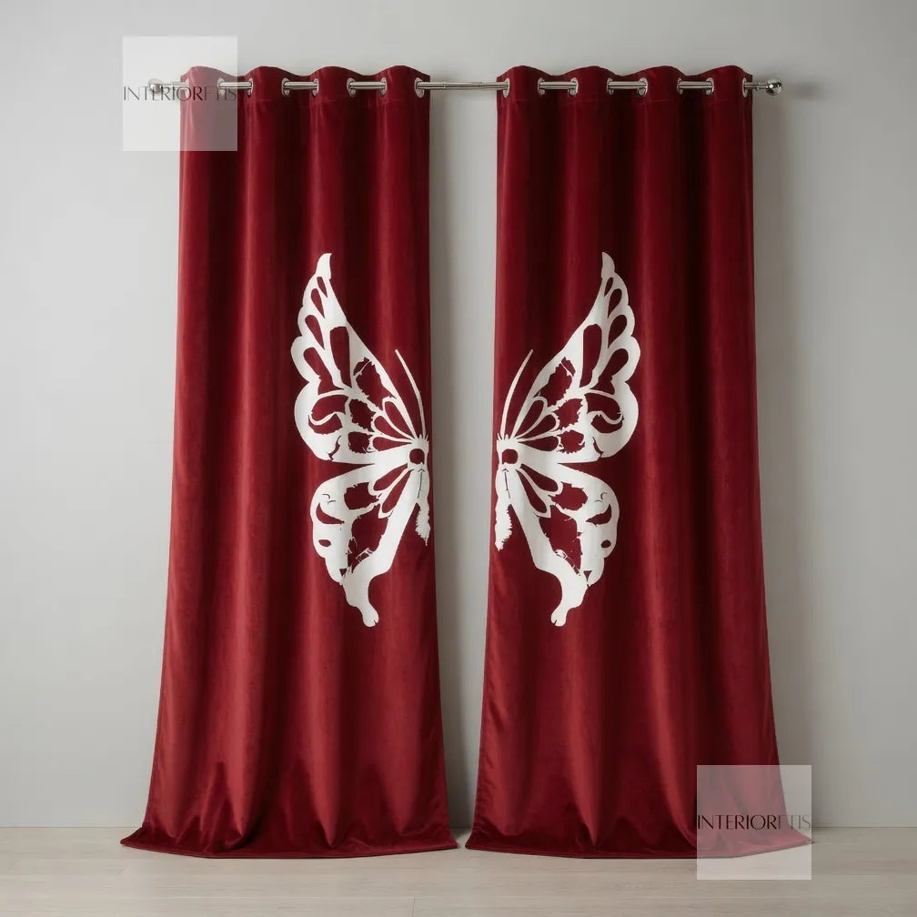 Red curtains with white butterfly designs on a gray background