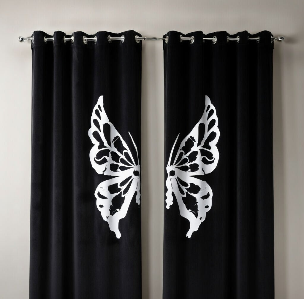 Butterfly Velvet Curtains – Velvet Curtains Pakistan for Living Room & Bedroom | INTERIORFITS (Black, Golden, Green, Pink)