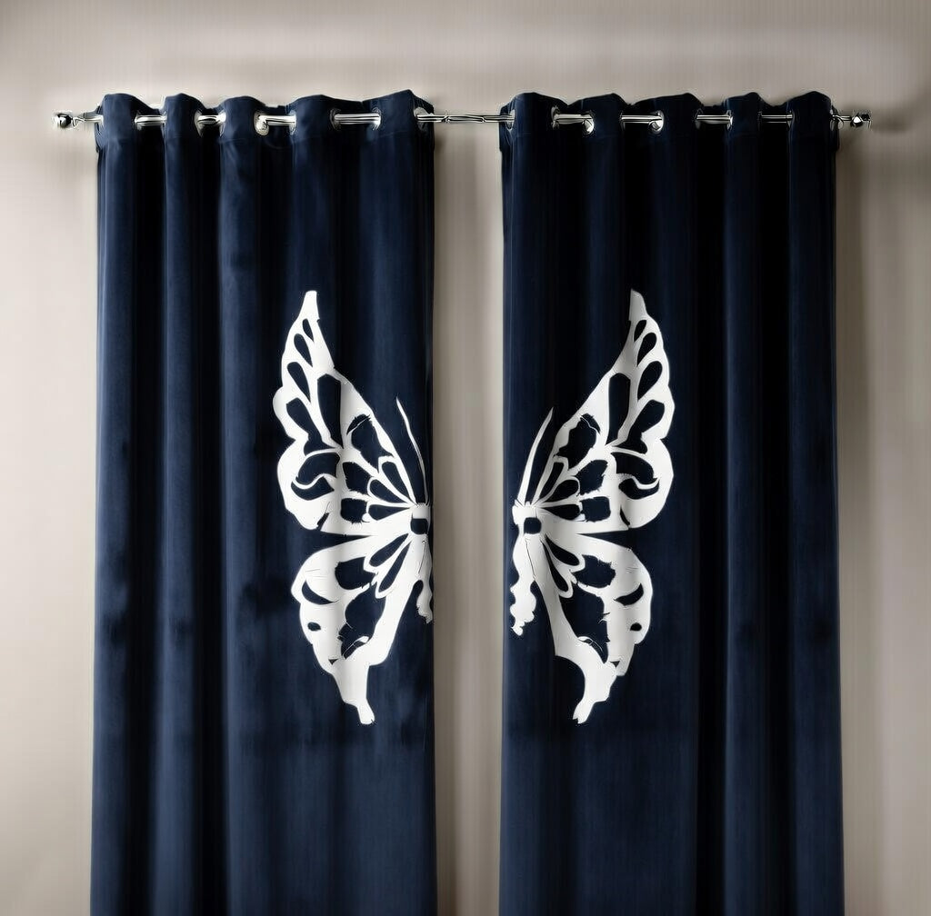 Navy blue curtains with white butterfly designs on a neutral background