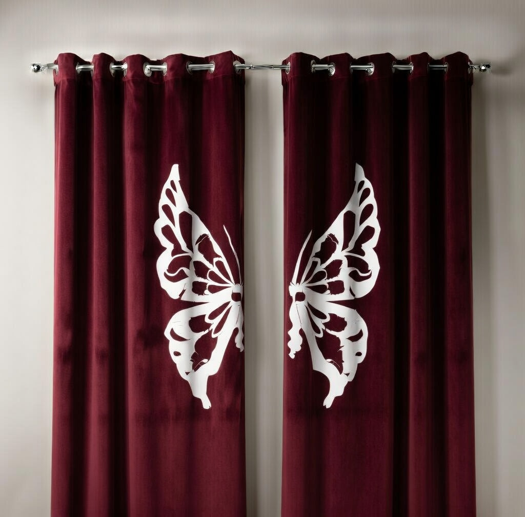Maroon curtains with white butterfly designs on a neutral background