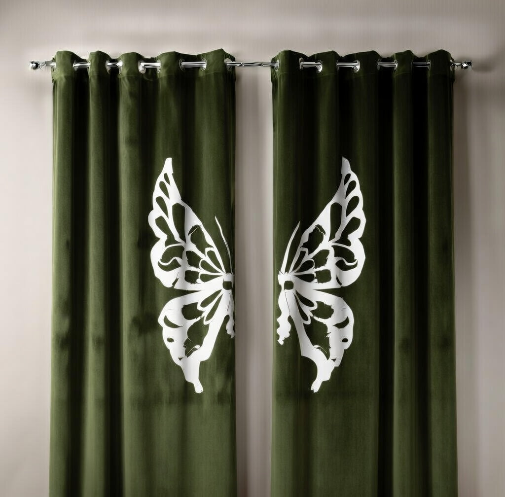 Olive curtains with white butterfly designs on a neutral background