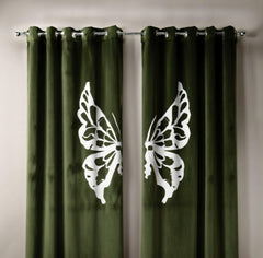 Olive curtains with white butterfly designs on a neutral background