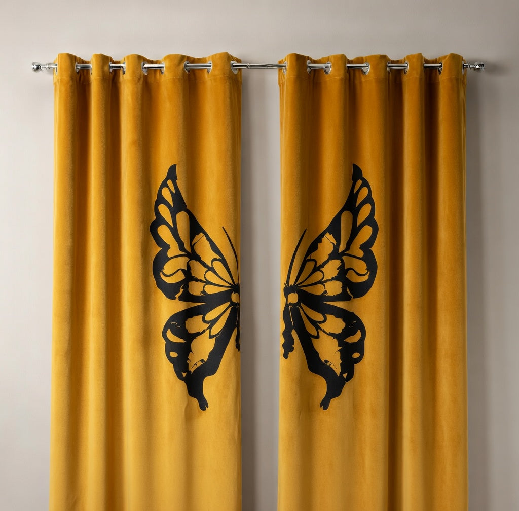 Butterfly velvet curtains yellow warm elegant interior velvet drapes