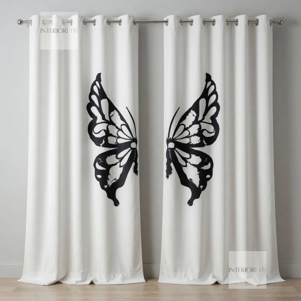 White curtains with black butterfly designs on a gray background