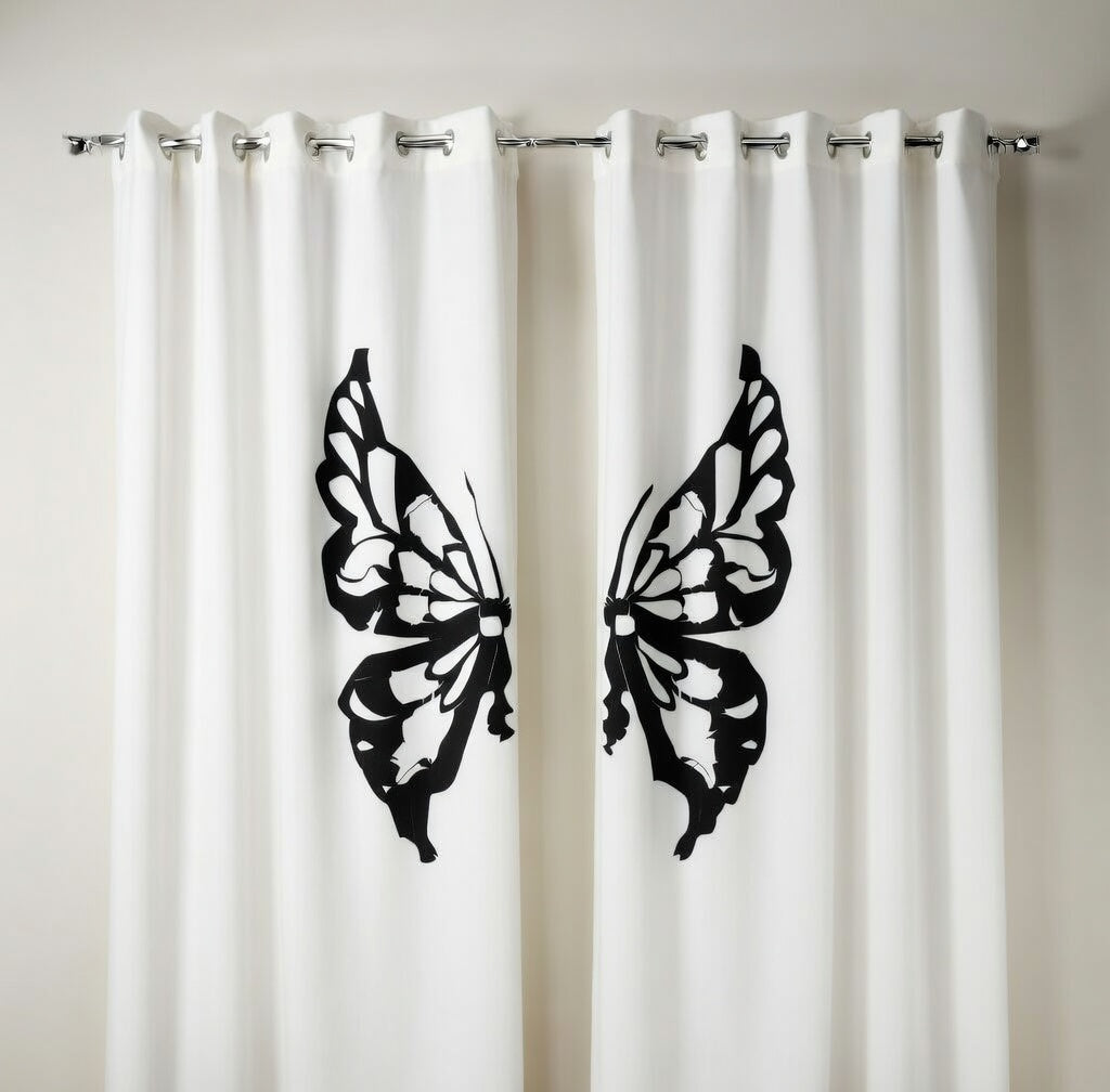 White curtains with black butterfly designs on a neutral background