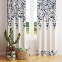 Blue & White Floral Hanging Vines Curtains – Premium Velvet Curtains | INTERIORFITS