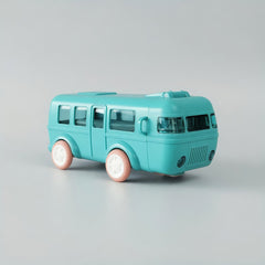 Turquoise toy bus on a light gray background