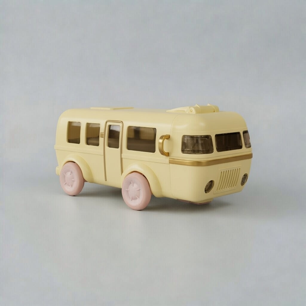 Yellow toy bus with pink wheels on a gray background