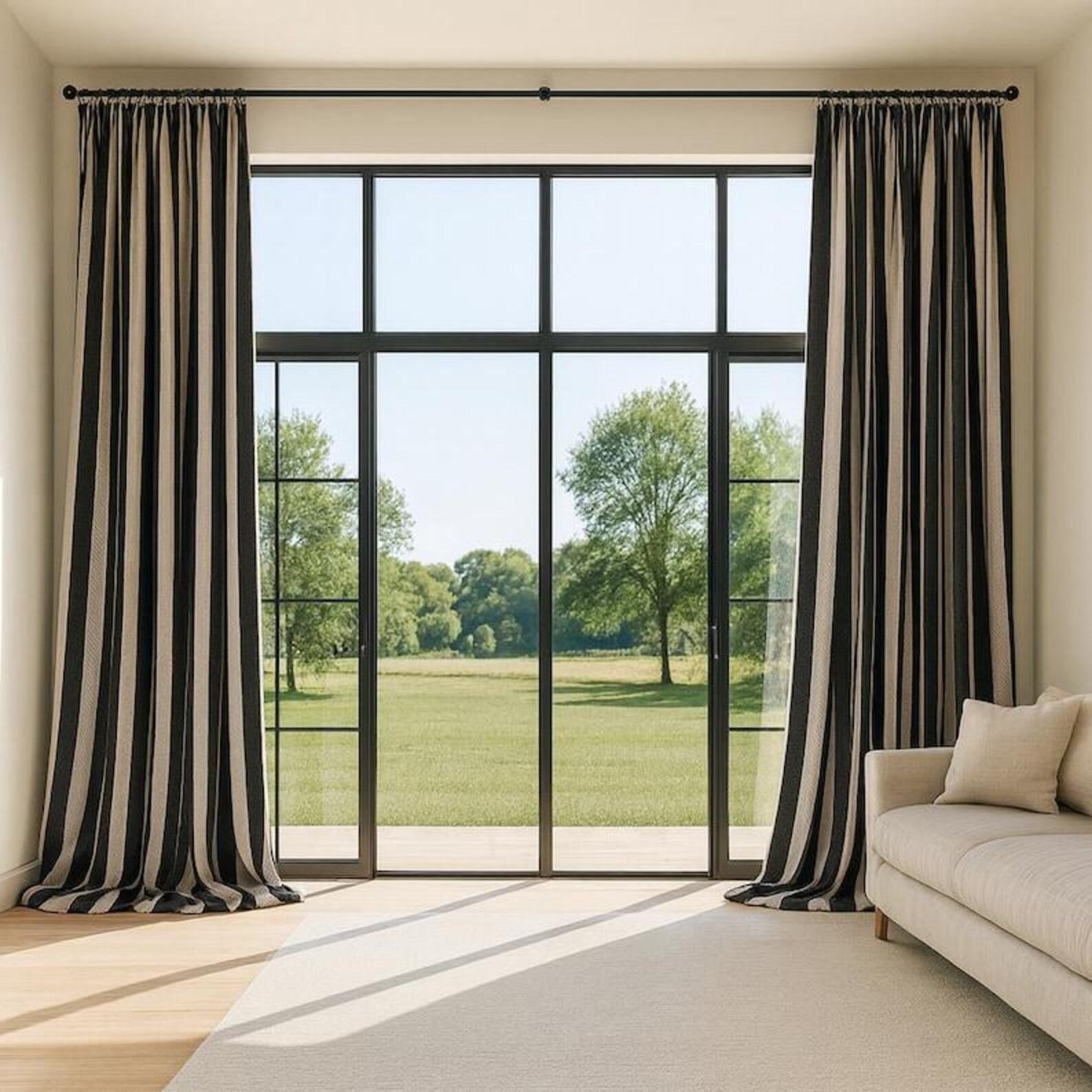 Black & Beige Vertical Striped Curtains – Premium Velvet Curtains | INTERIORFITS