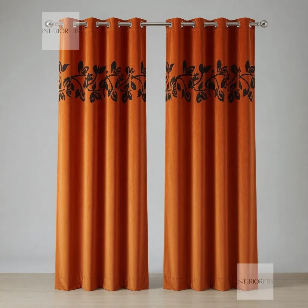 pair of floral vine orange curtains 