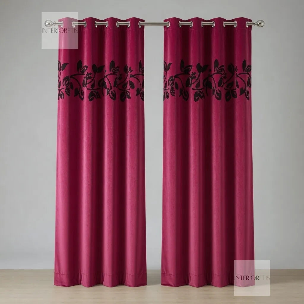 Pair of Floral Pink Velvet Curtains