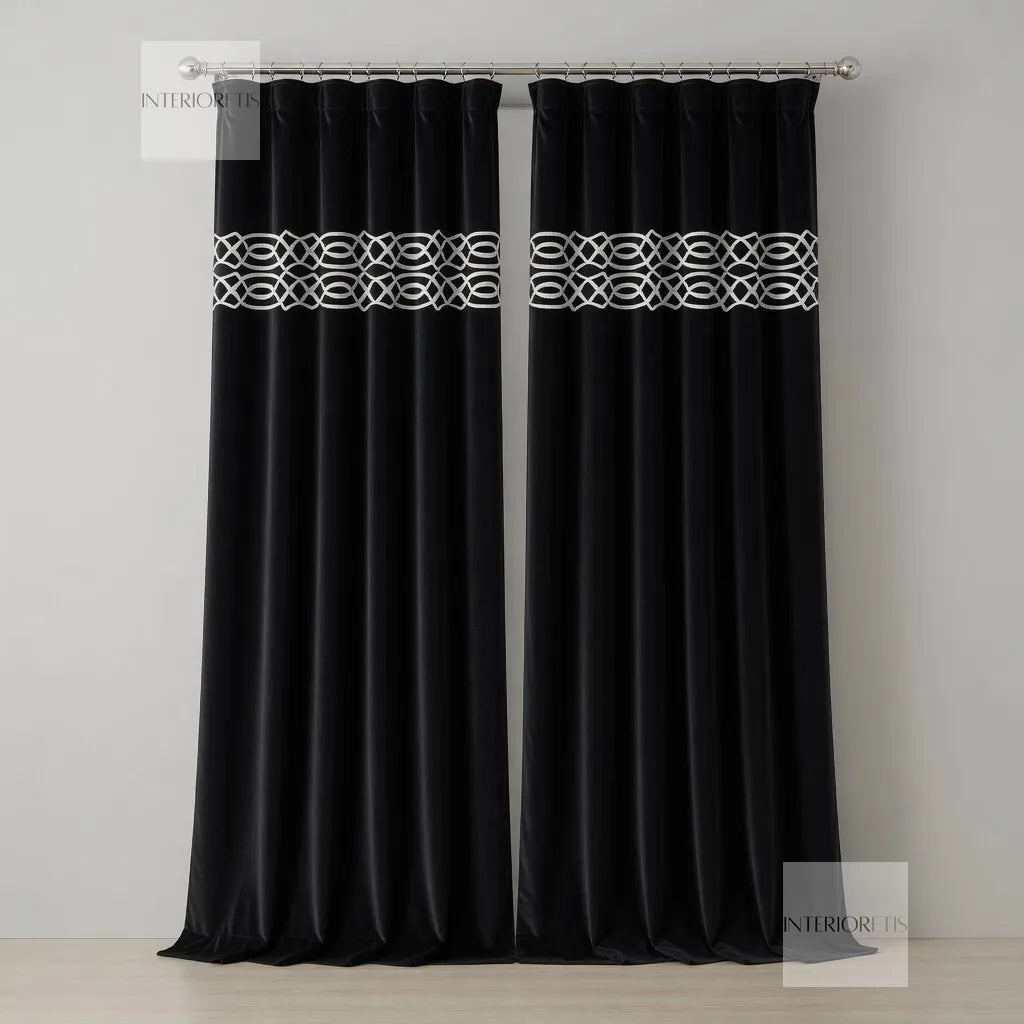 Black curtains with a decorative white band on a gray background