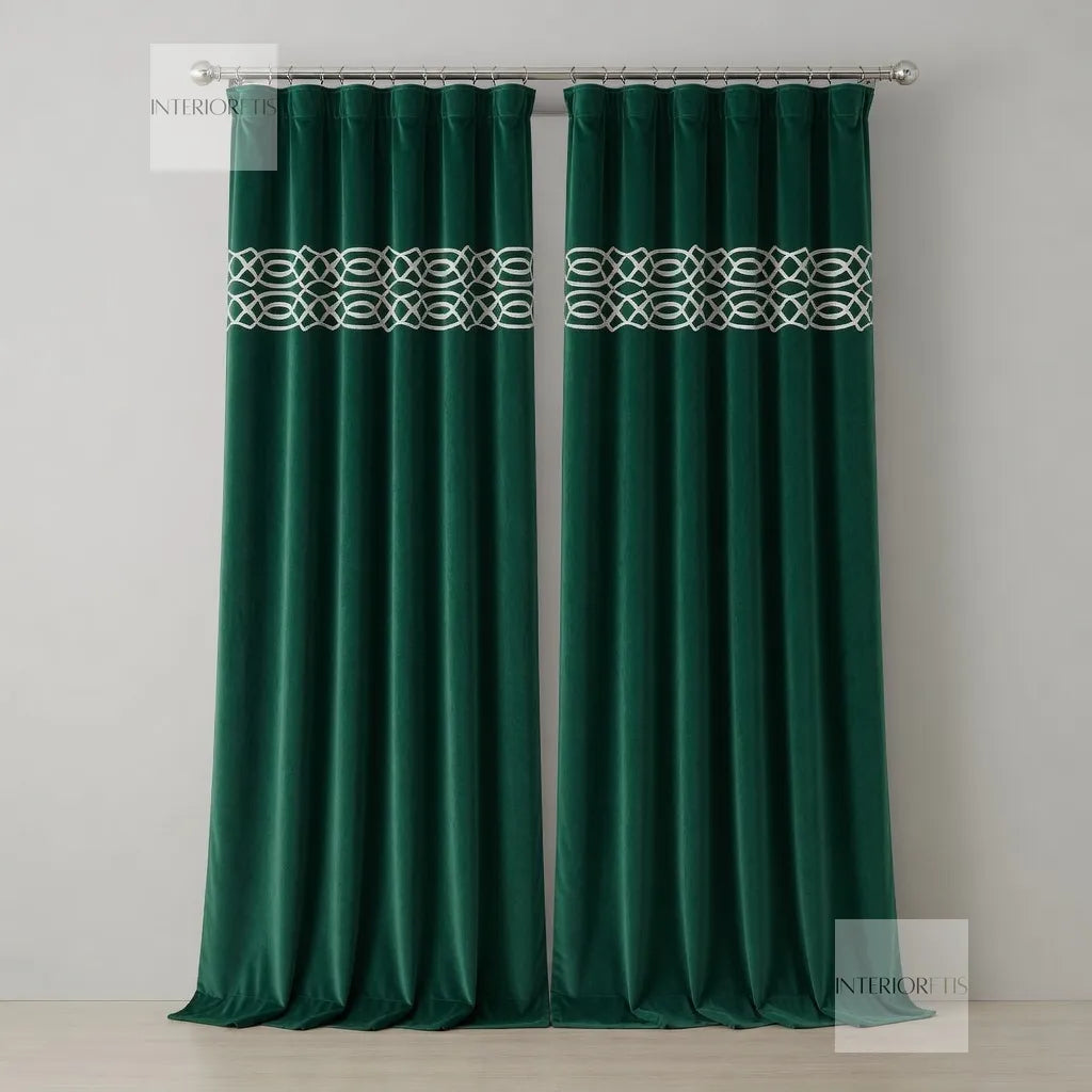 Pair of green curtains with decorative band on a gray background