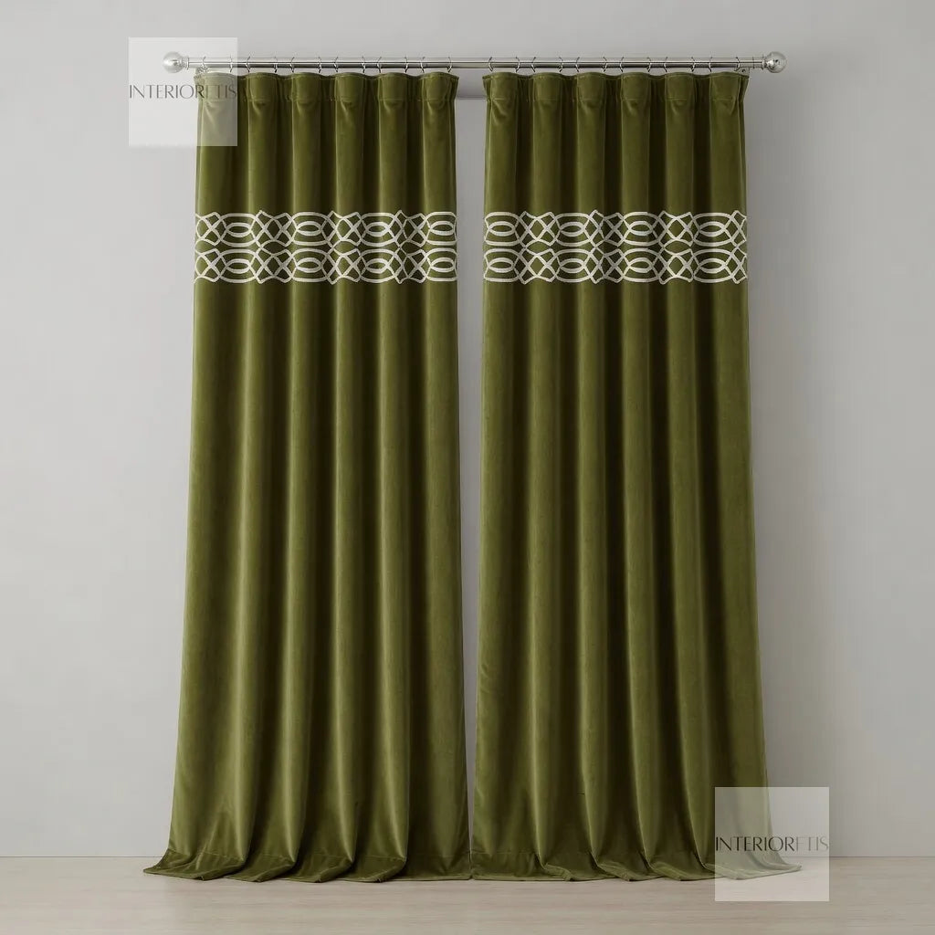 Pair of olive curtains with decorative bands on a plain background