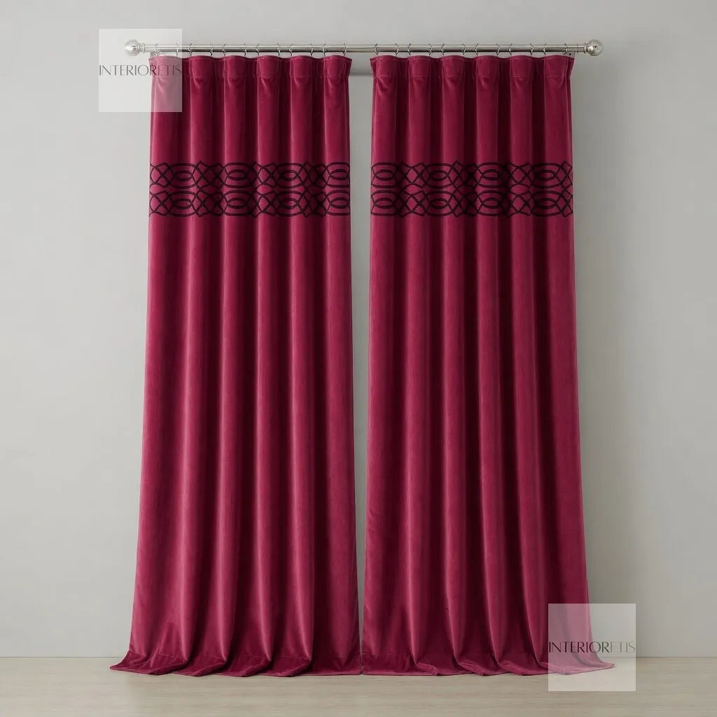 Pair of pink curtains with decorative top panel on a plain background