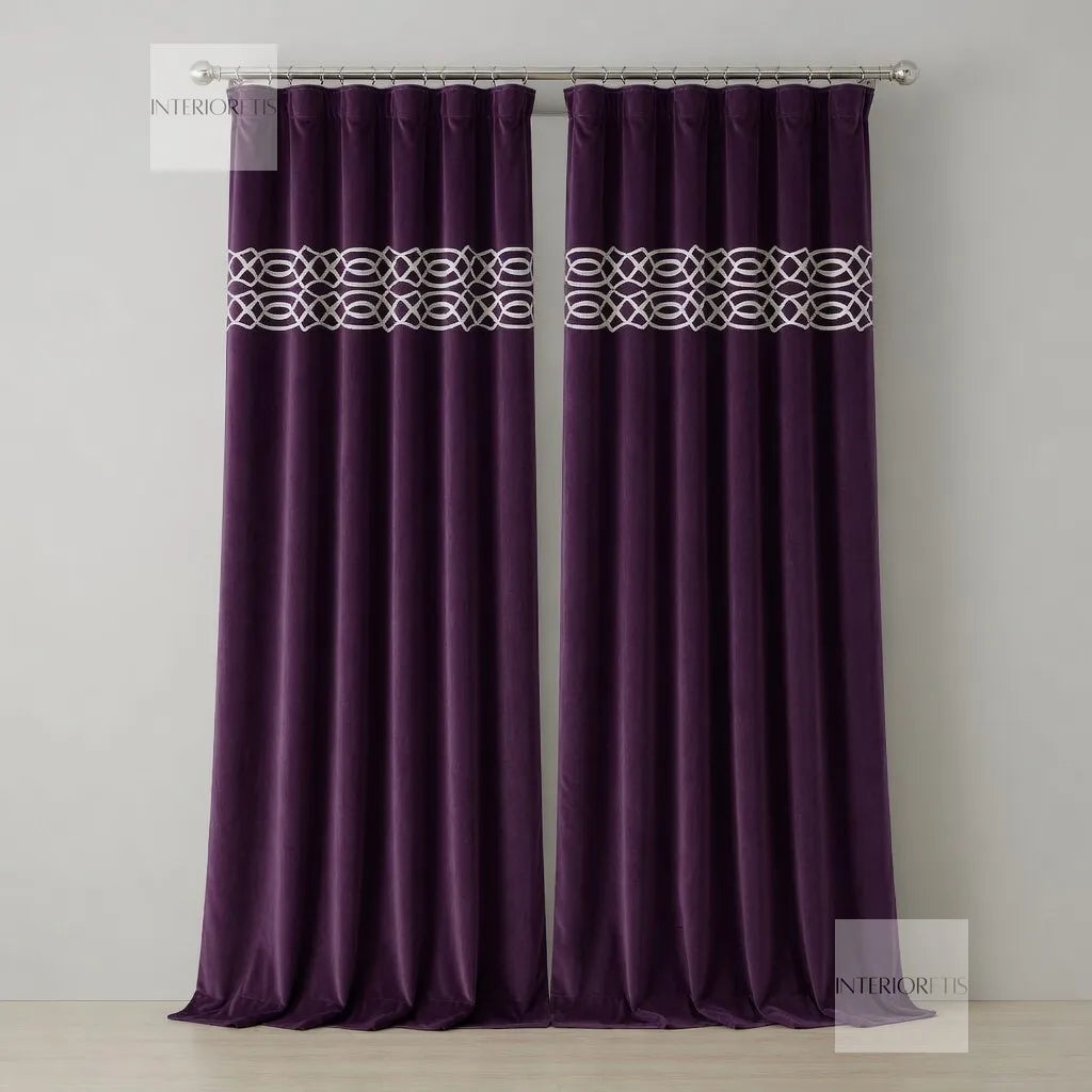 Pair of purple curtains with decorative bands on a gray background
