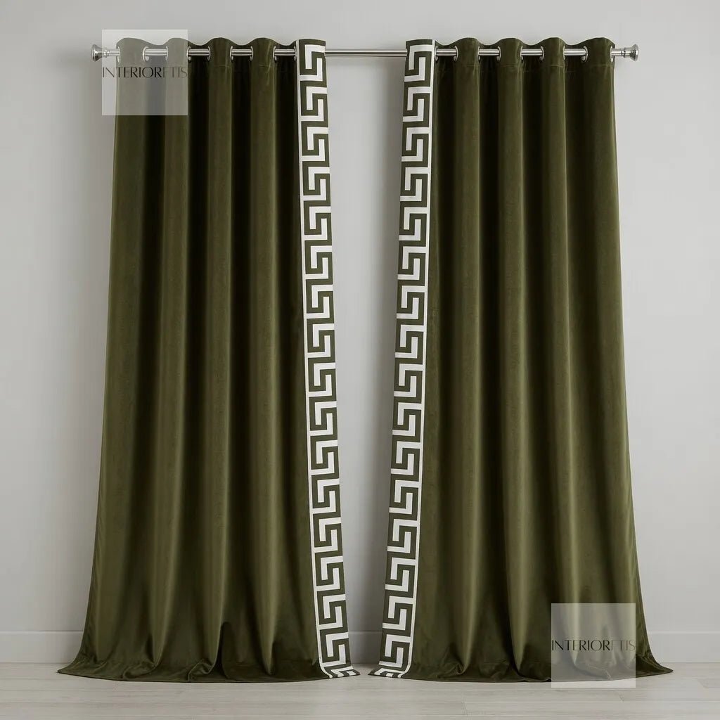 Pair of brown curtains with decorative white patterns on a gray background